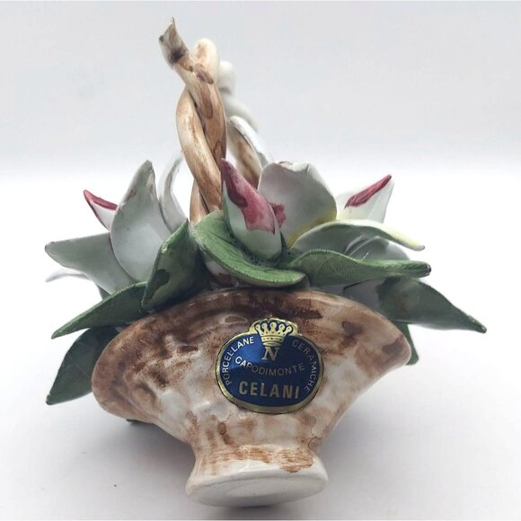 Vintage Capodimonte Porcelain Floral Twisted Handle Basket Lillies Celani Italy - Picture 5 of 7